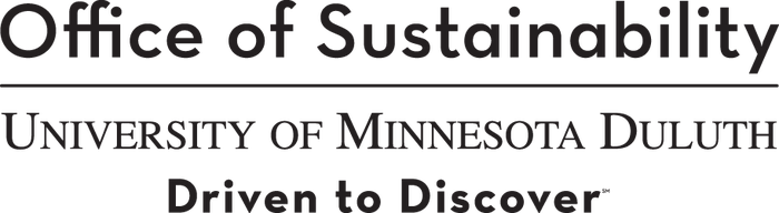 Logo, 3 lines of text. line 1:Office of Sustainability. Line 2: University of Minnesota Duluth. Line 3: Driven to Discover