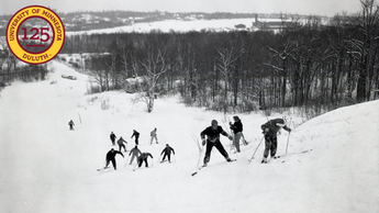 Black and white photo of skiers in bagley