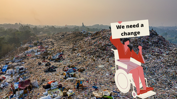 Protester art with We Need Change sign over a photo of a landfill