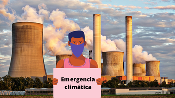 Protester with Emergencia climatica art over power plant